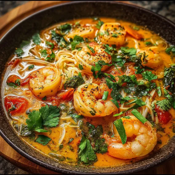 A bowl of shrimp and noodles.