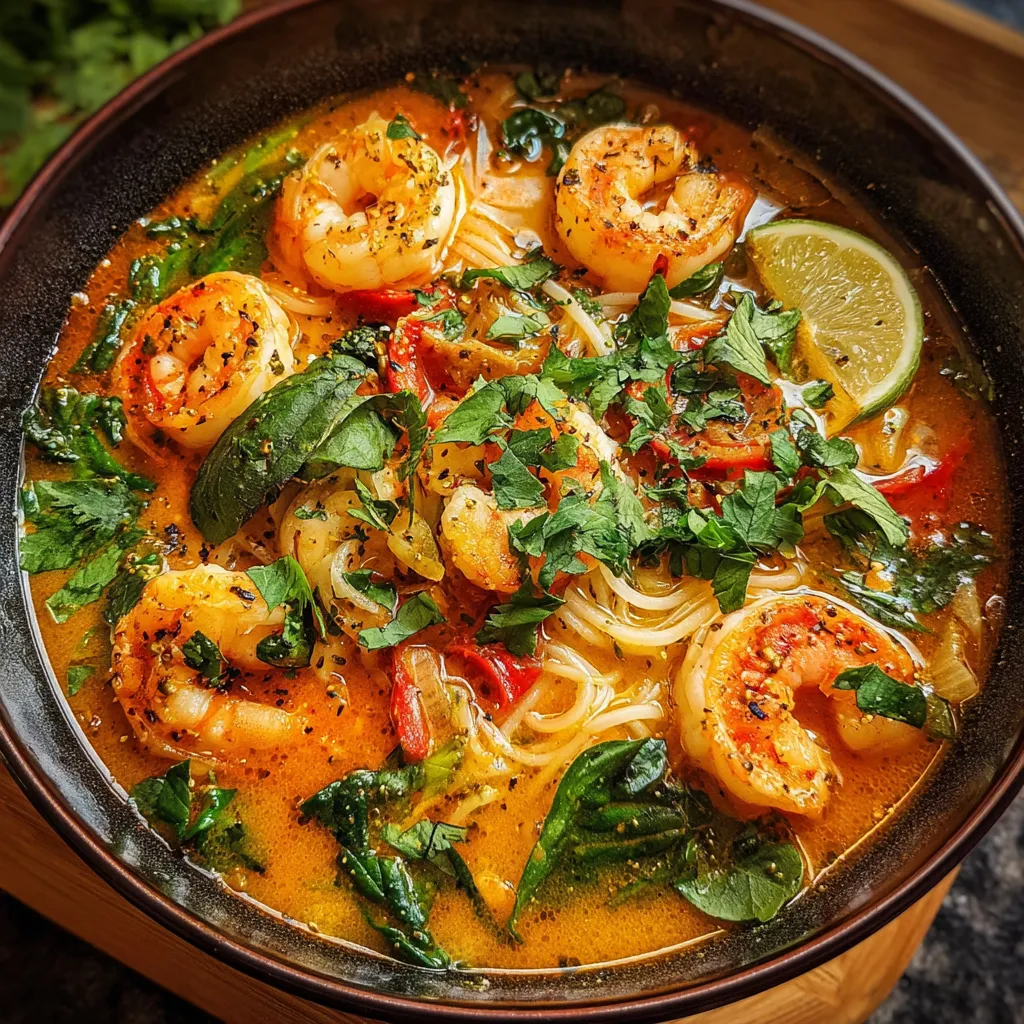A bowl of soup with shrimp and vegetables.