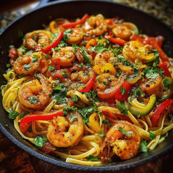 A pan of shrimp and peppers.