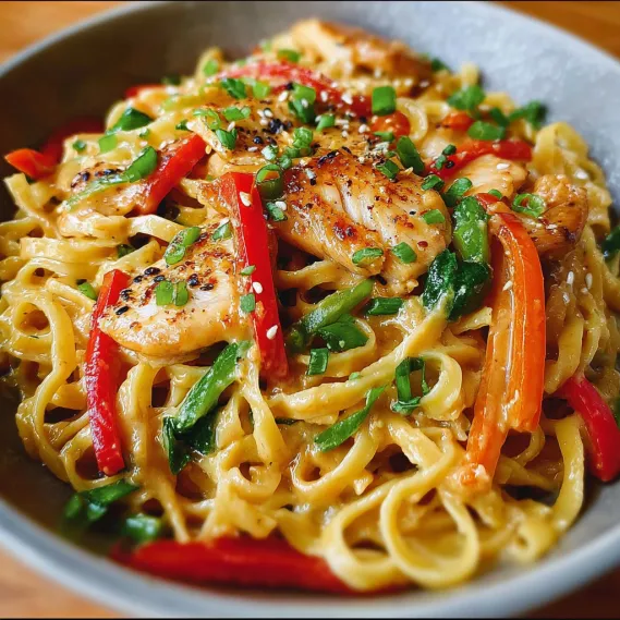 A bowl of food with chicken and peppers.