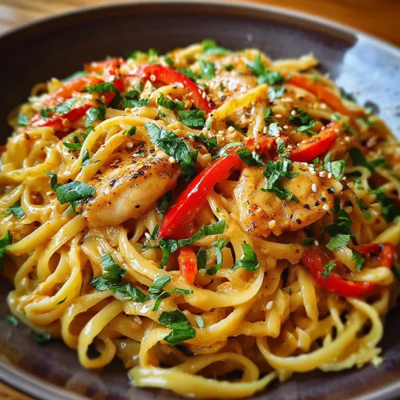 A bowl of pasta with chicken and peppers.