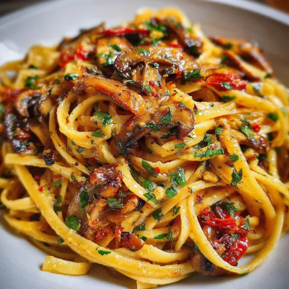 A plate of pasta with mushrooms and red peppers.
