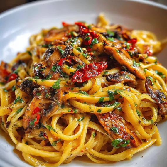 A plate of pasta with mushrooms and peppers.