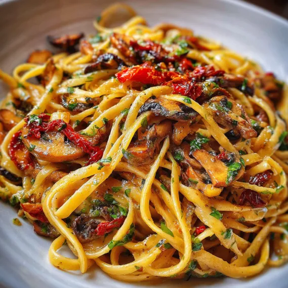 A plate of pasta with mushrooms and tomatoes.