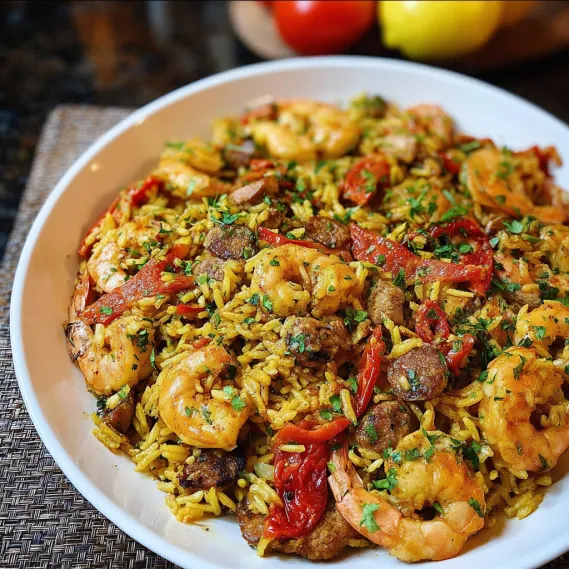 A plate of shrimp and rice.