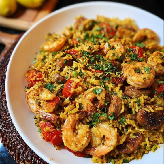 A plate of shrimp and rice.