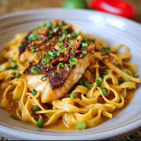 A plate of food with noodles and fish.