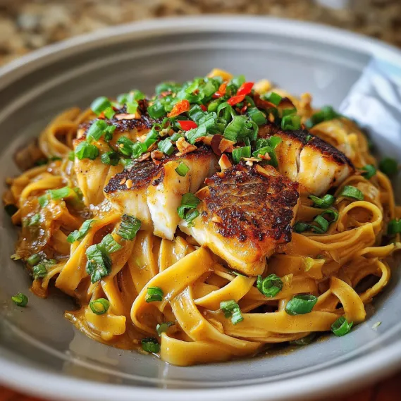 A plate of food with noodles and fish.