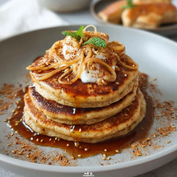 A stack of pancakes with syrup on top.