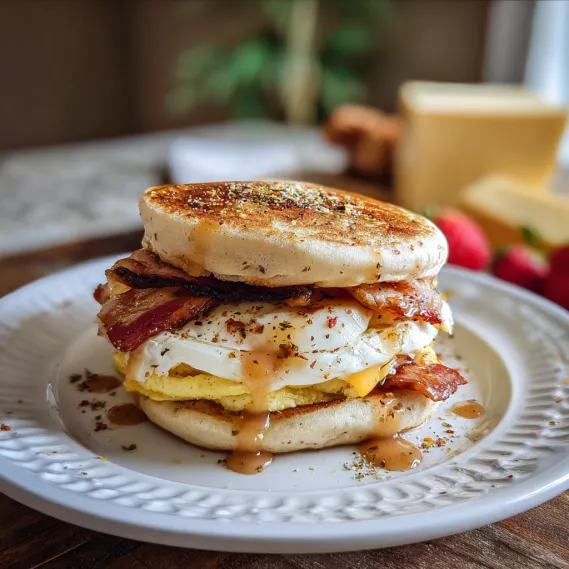 A breakfast sandwich with bacon, egg, and cheese.