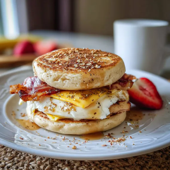 A breakfast sandwich with bacon, egg, and cheese.