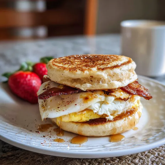 A breakfast sandwich with bacon and egg.