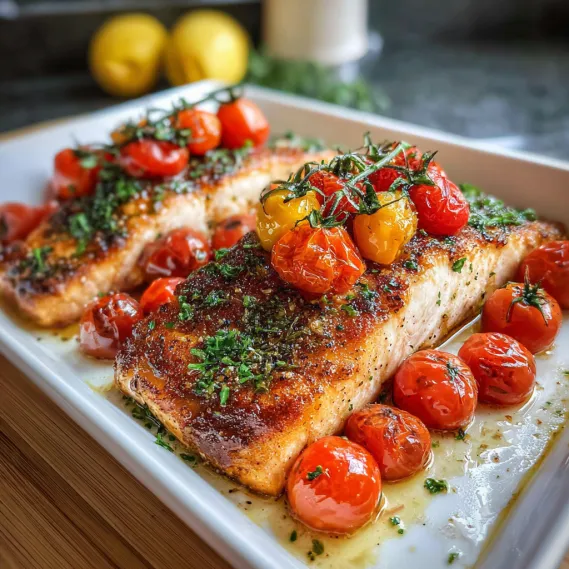A white plate with fish and tomatoes.