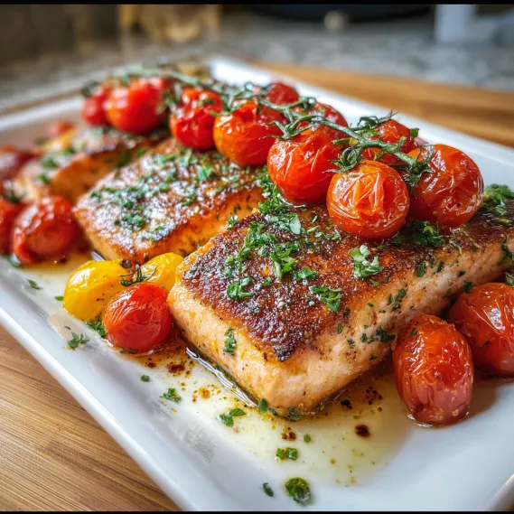 A plate of fish with tomatoes and herbs.