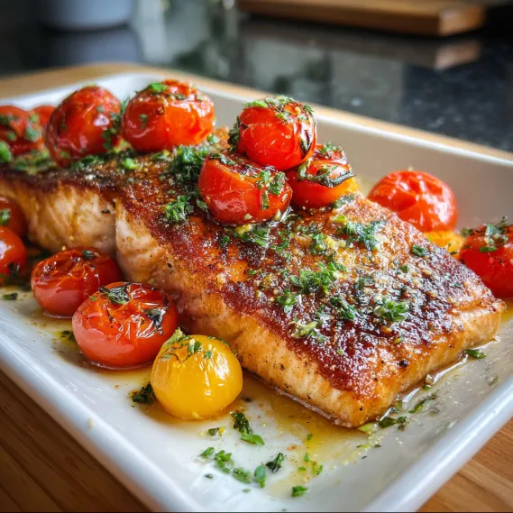A plate of food with tomatoes and fish.