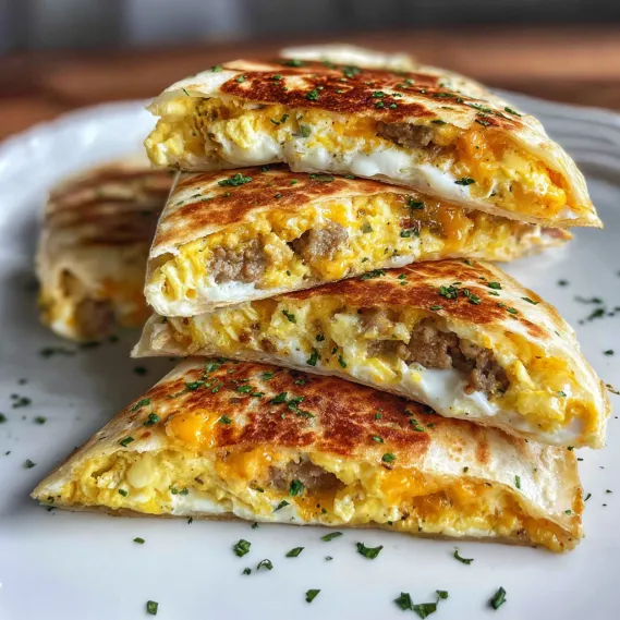 A stack of three quesadillas with cheese and meat.