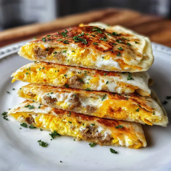 A stack of three quesadillas on a plate.