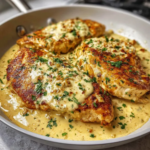 A pan of chicken with sauce.