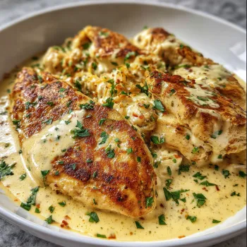 A plate of food with chicken and sauce.