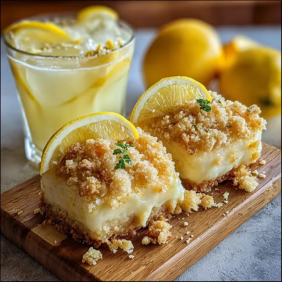 A slice of lemon cheesecake on a wooden platter.