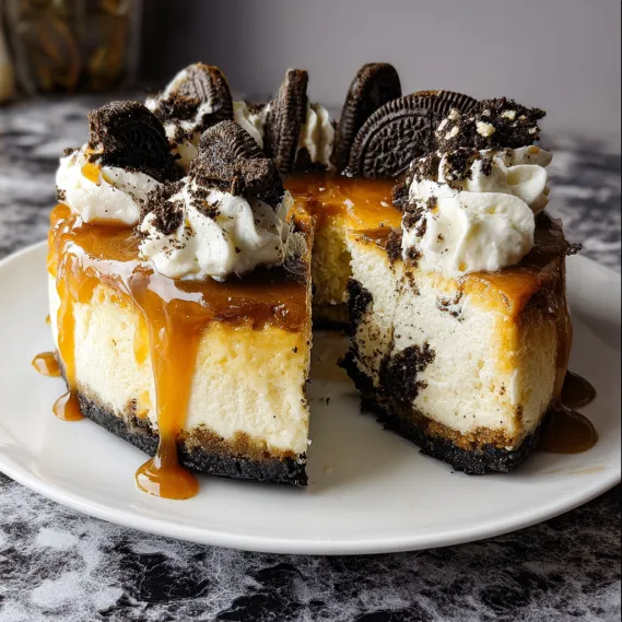 A slice of cheesecake with chocolate chips and caramel drizzle.