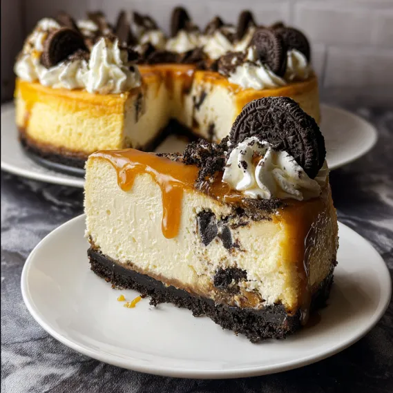 A slice of cheesecake with chocolate chips and a caramel drizzle.