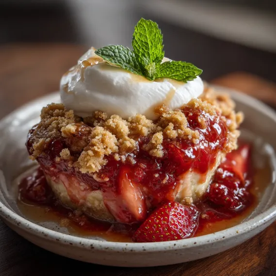 A dessert with strawberries and whipped cream.