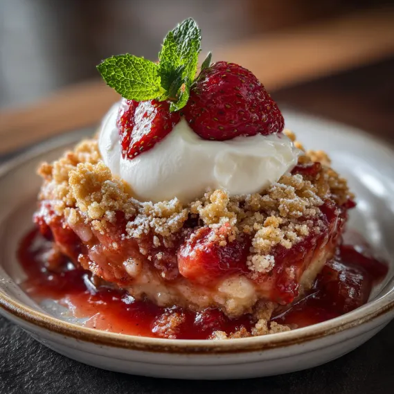 A dessert with strawberries and whipped cream.