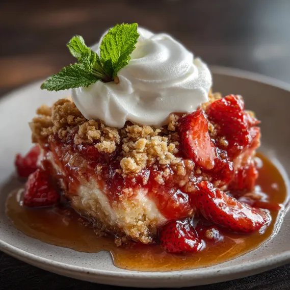 A dessert with strawberries and whipped cream.