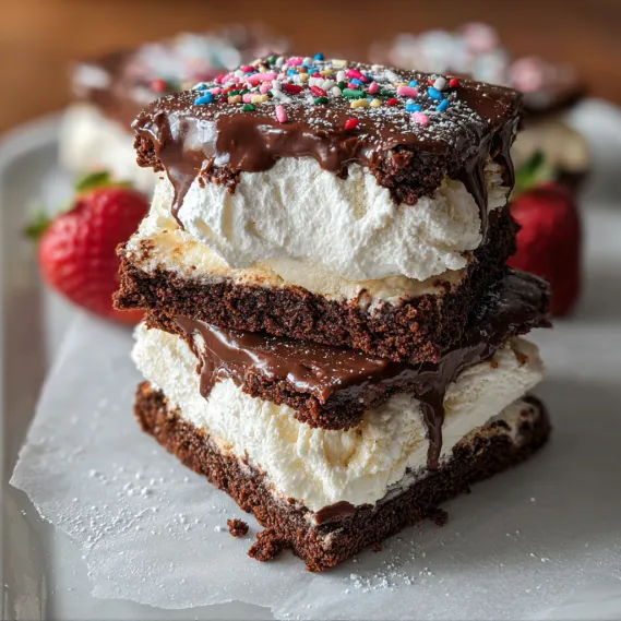 A stack of chocolate cake with white frosting.