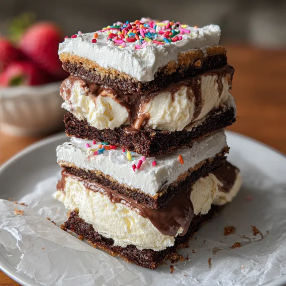 A stack of three cake slices with chocolate and white frosting.