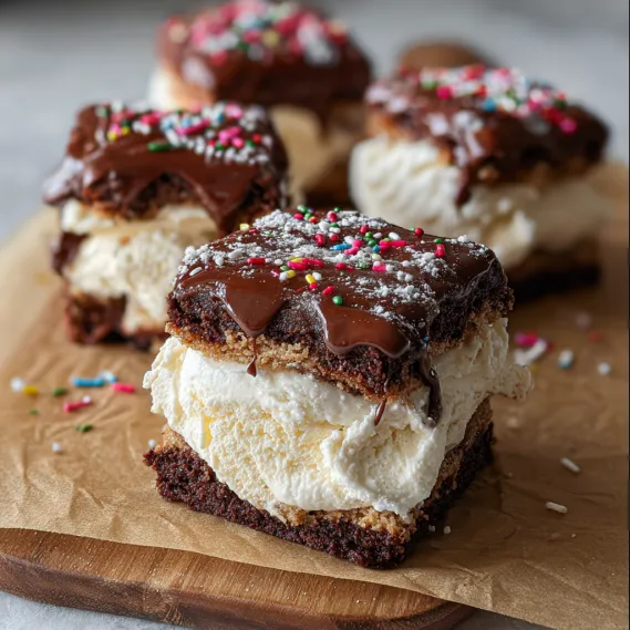 A chocolate dessert with white frosting and sprinkles.