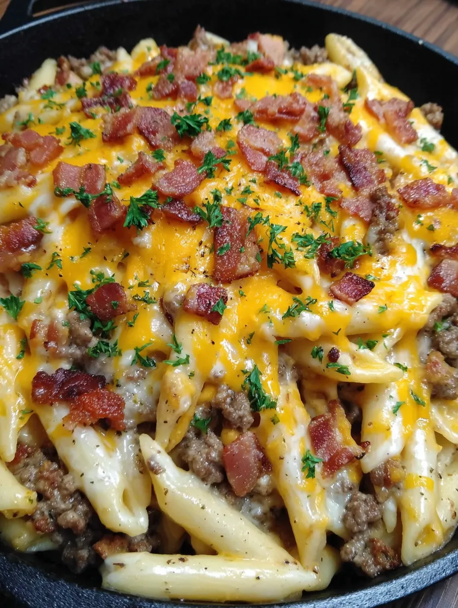A close up of a loaded bacon cheeseburger alfredo pasta.