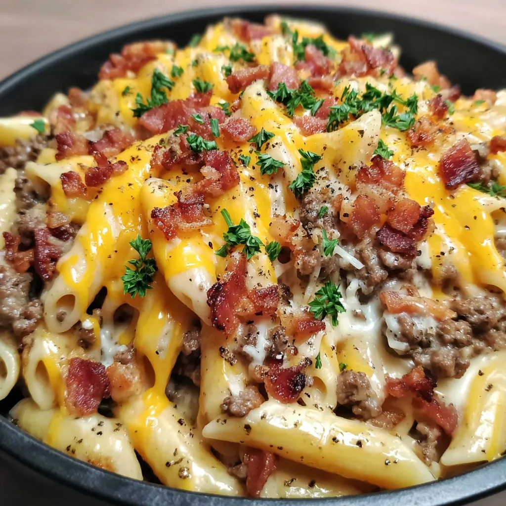 A bowl of pasta with bacon and cheese.