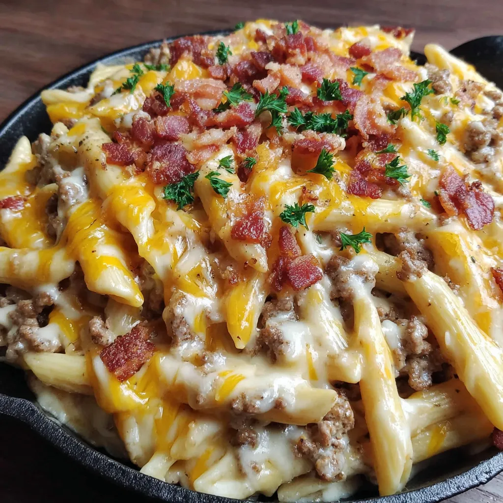 A loaded bacon cheeseburger alfredo pasta dish.