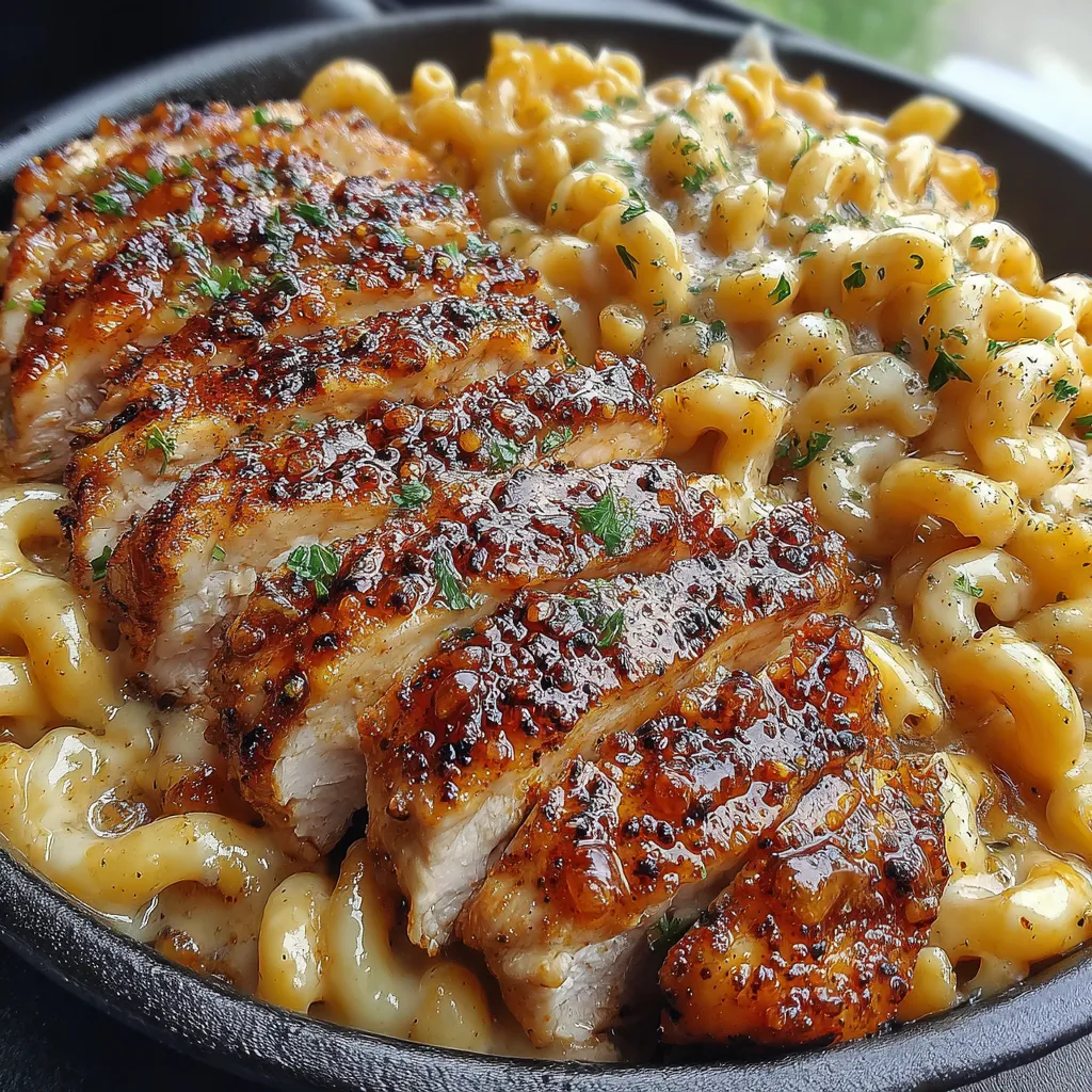 A close up of a delicious meal of chicken and mac and cheese.
