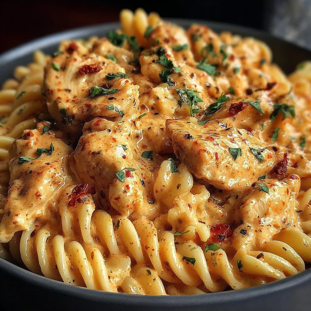 A bowl of pasta with chicken and cream cheese.