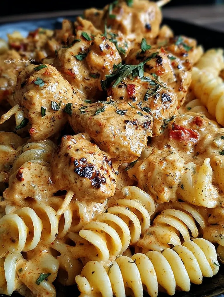 A dish of pasta with chicken and cream cheese.