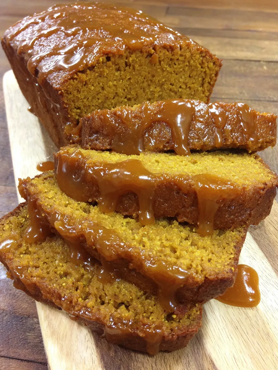 A loaf of pumpkin bread with caramel drizzle.