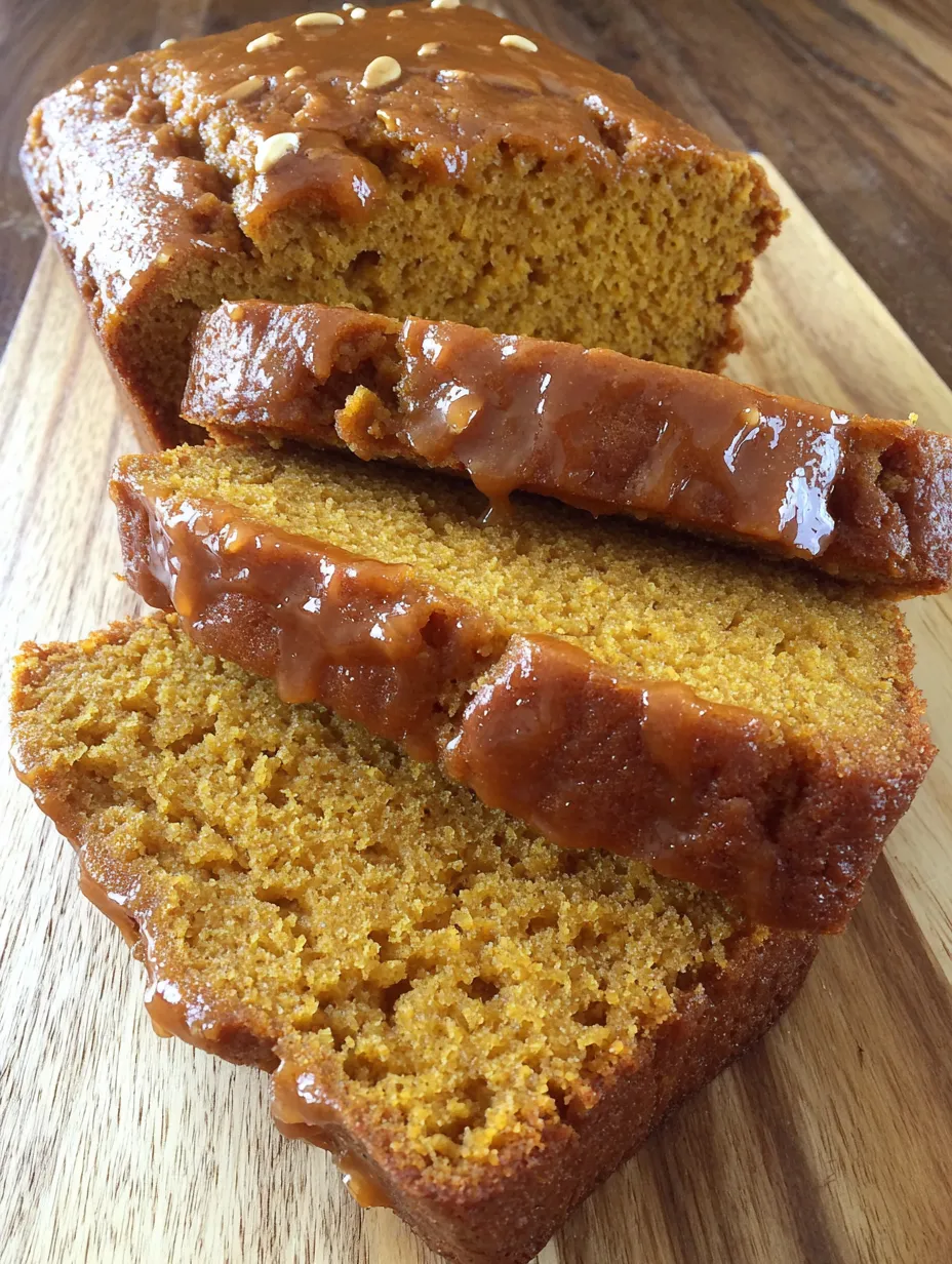 A slice of pumpkin bread with caramel drizzled on top.