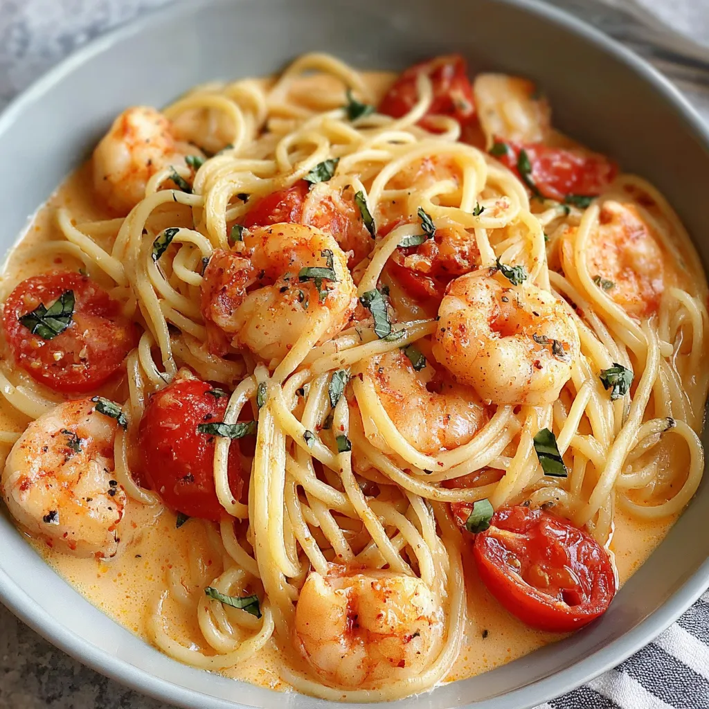 A bowl of spaghetti with shrimp in cream cheese sauce.