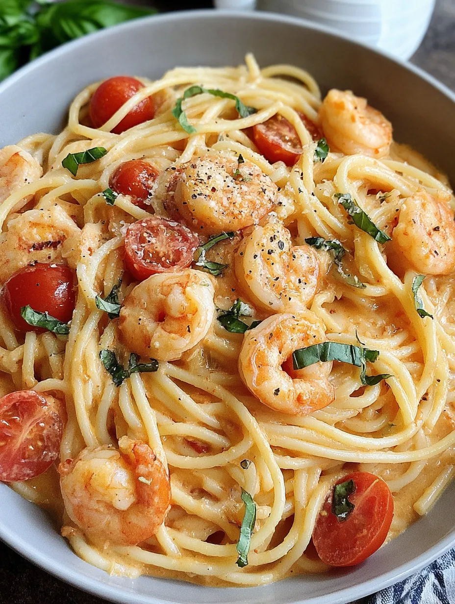 A bowl of spaghetti with shrimp and cream cheese sauce.