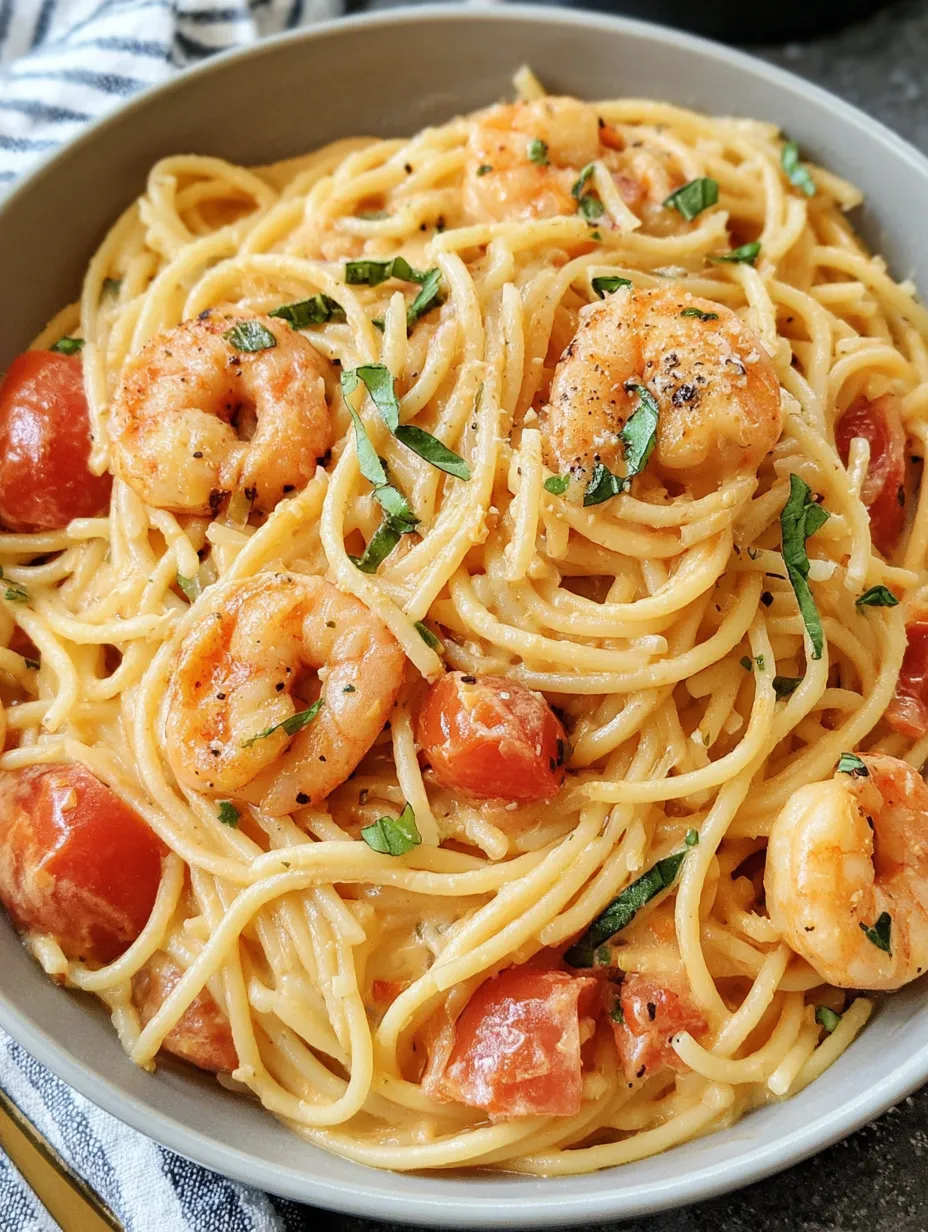 A bowl of spaghetti with shrimp in cream cheese sauce.