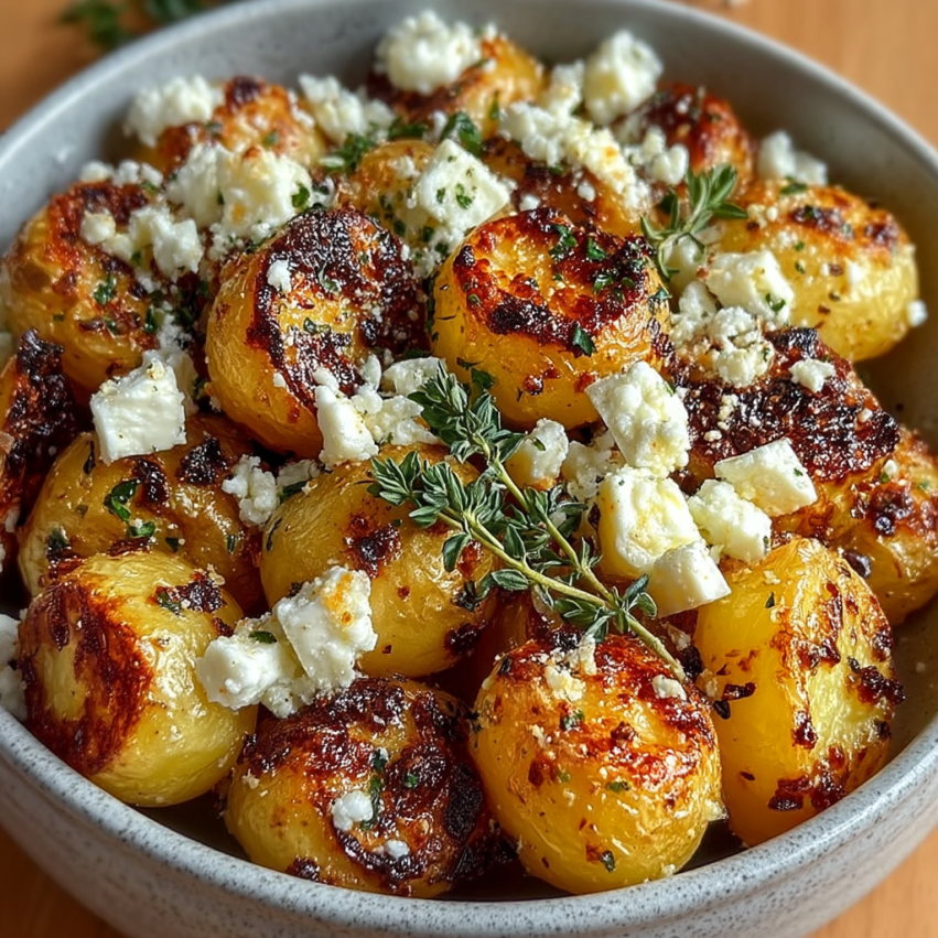 A bowl of food with feta cheese and potatoes.