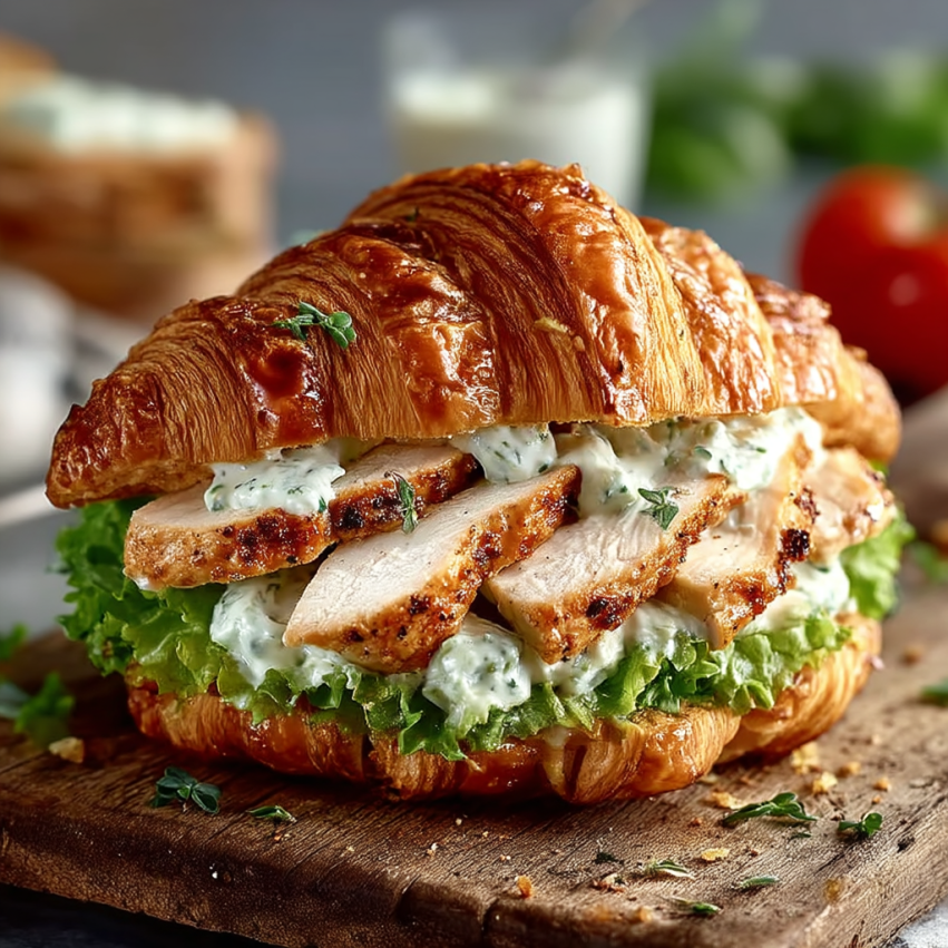 A sandwich with chicken and lettuce on a wooden table.