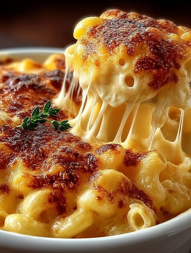 A bowl of macaroni and cheese with a green herb on top.