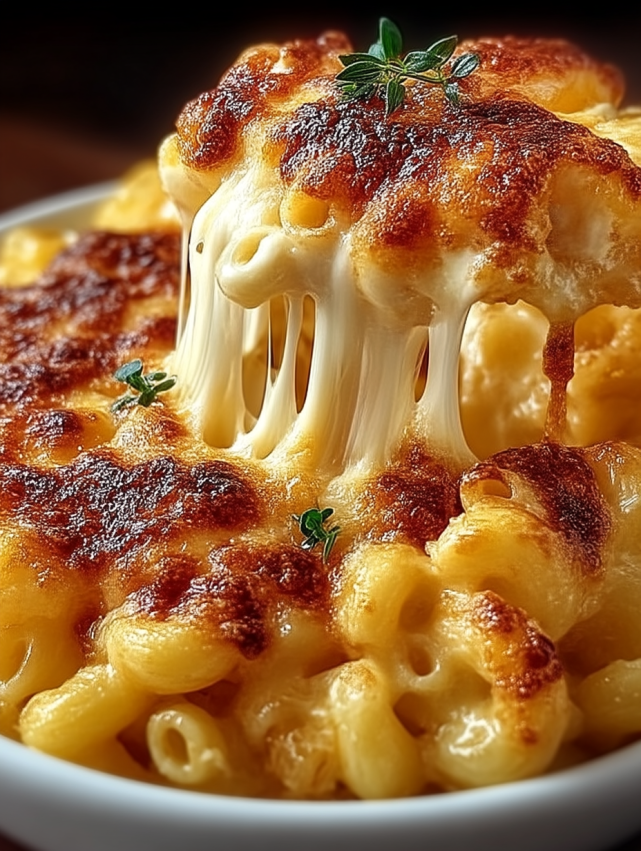 A close up of a cheesy macaroni dish.