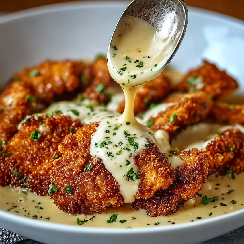 A spoon is drizzling sauce over a plate of food.
