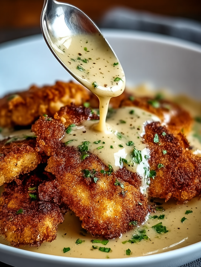 A spoon is in a bowl of chicken and gravy.