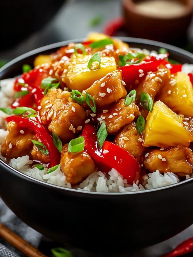 A bowl of food with rice and chicken.